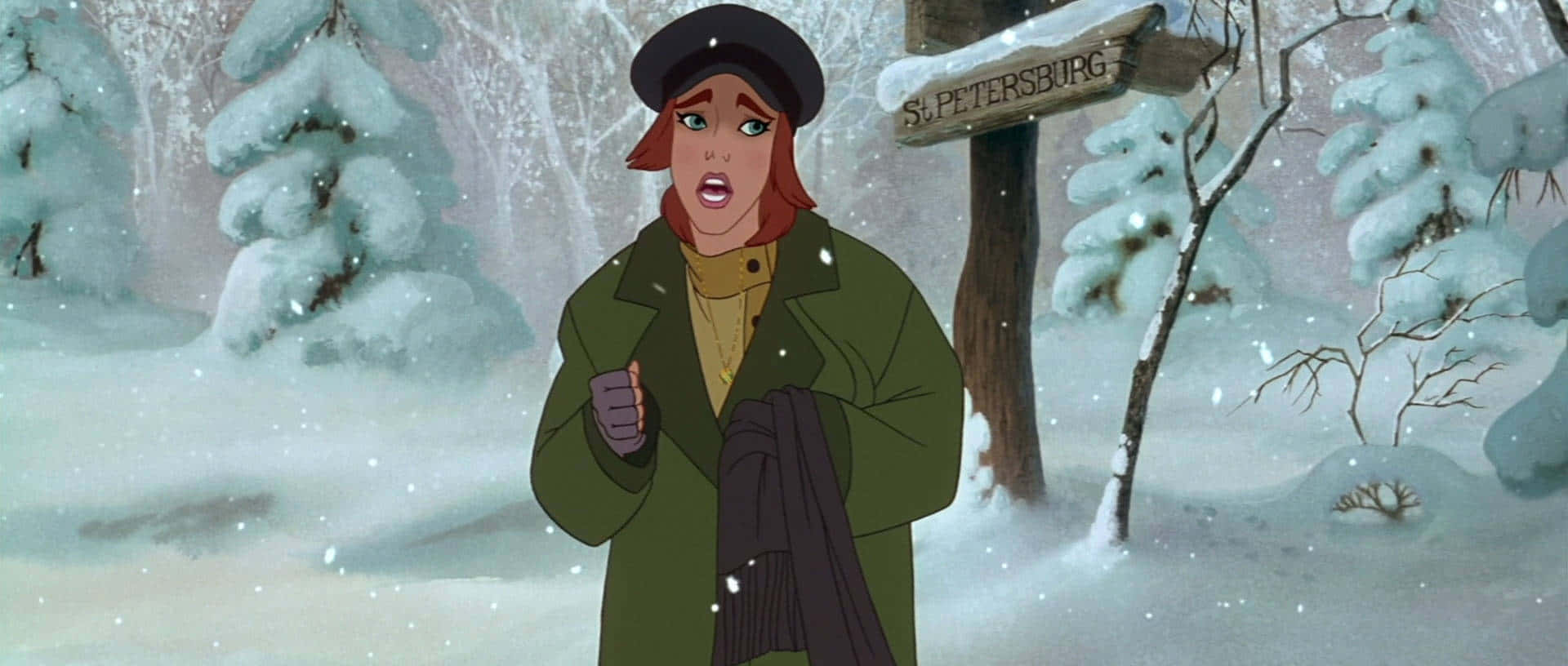 Einecartoon-figur In Einem Mantel Und Hut, Die Im Schnee Steht.