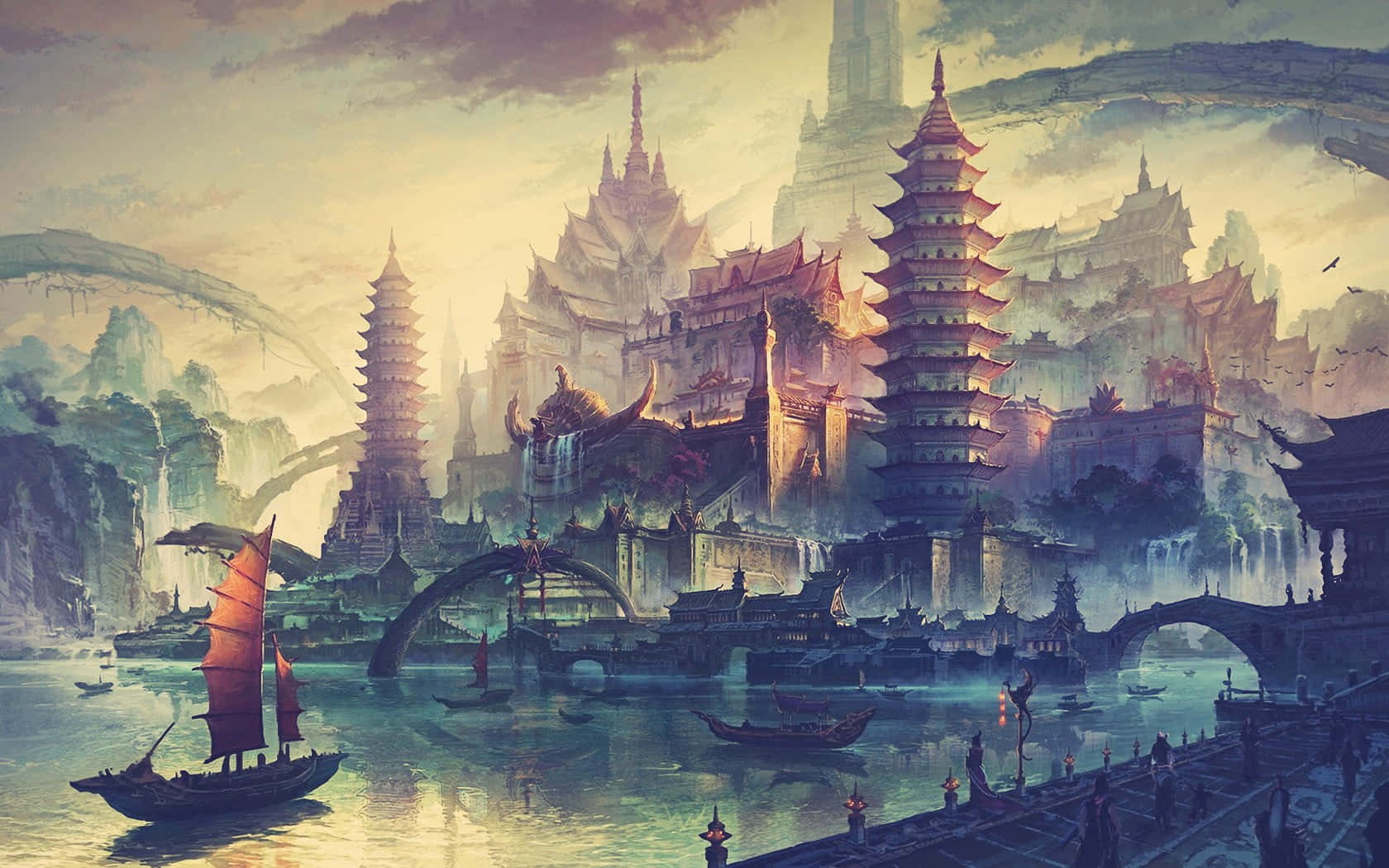 Ancient_ Chinese_ River_ Cityscape Wallpaper