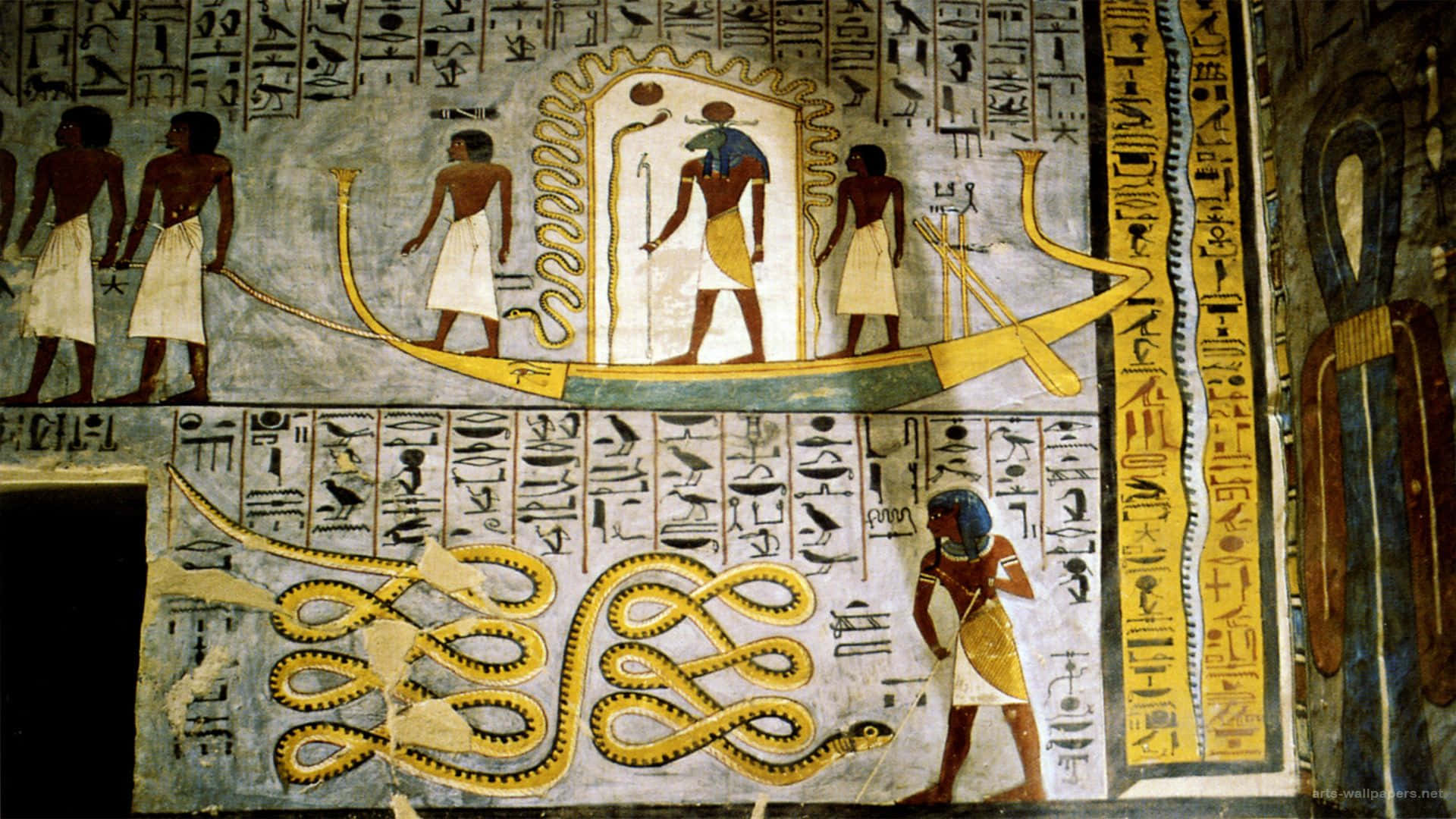 A Painting Of An Egyptian Boat With A Snake On It Wallpaper