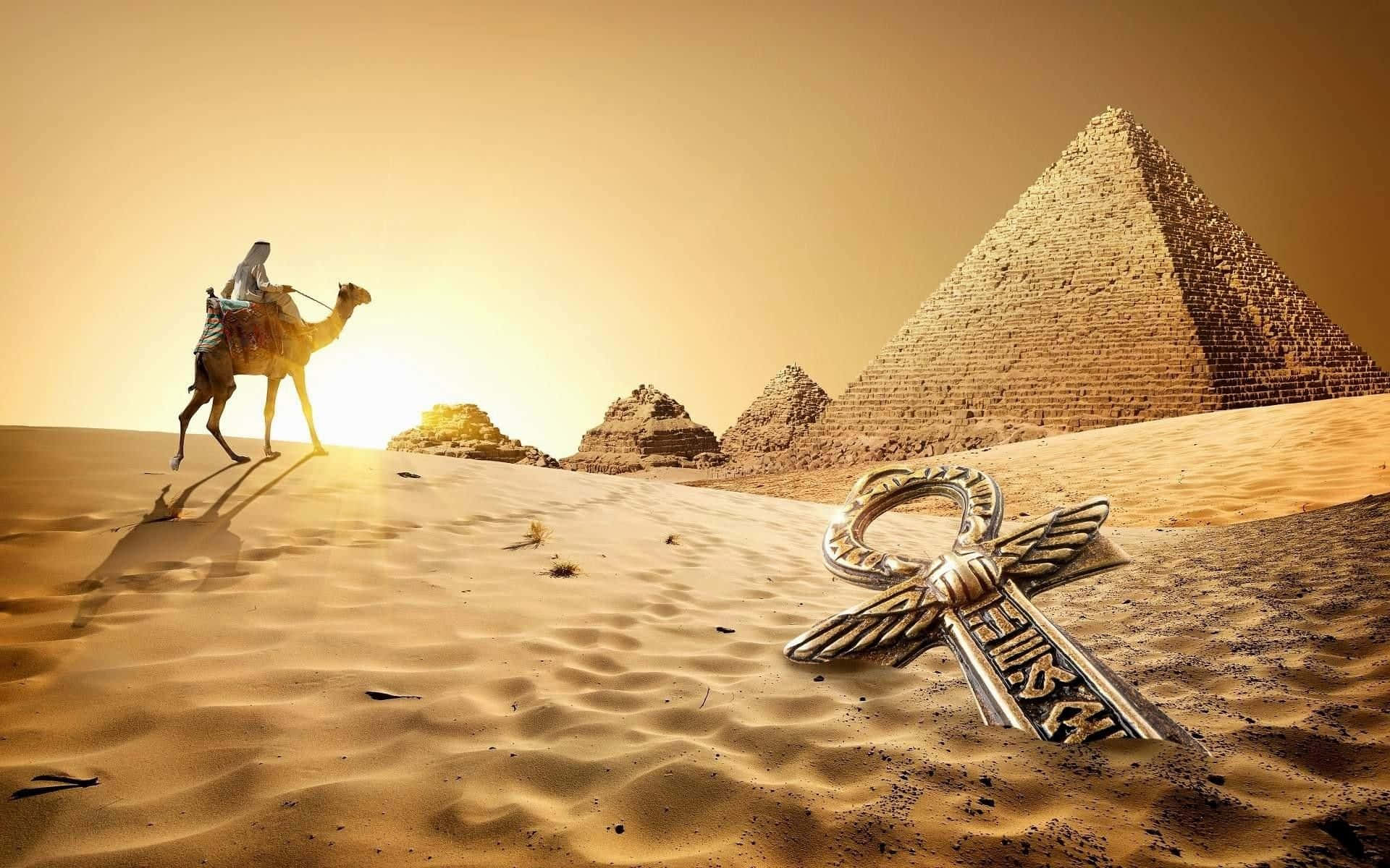En kamel står i ørkenen med en pyramide i baggrunden. Wallpaper