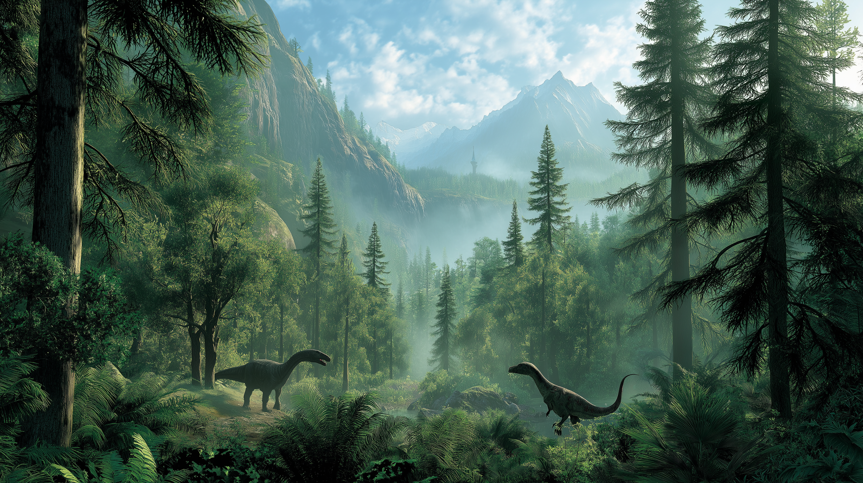 Ancient Greenery PNG — Two dinosaurs roam a misty prehistoric forest with towering trees and distant mountains under a soft blue sky.