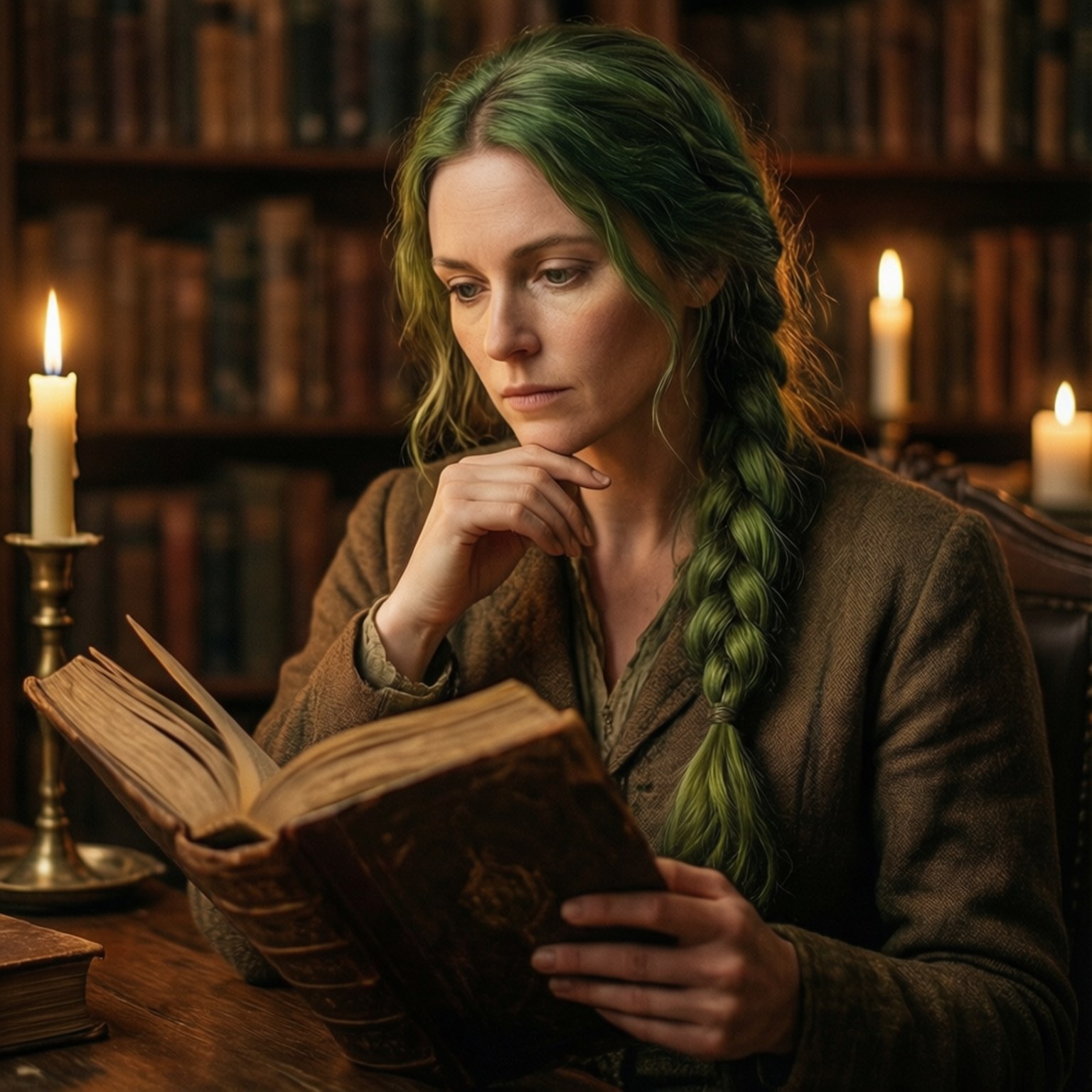 Terra Branford reading in a candlelit library, scholarly mood.