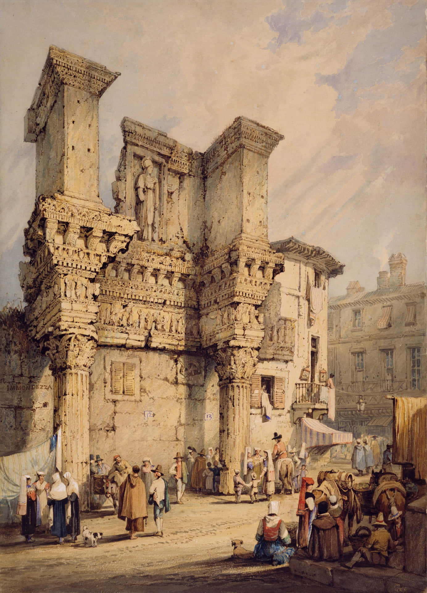 A Painting Of A Building With People Wallpaper