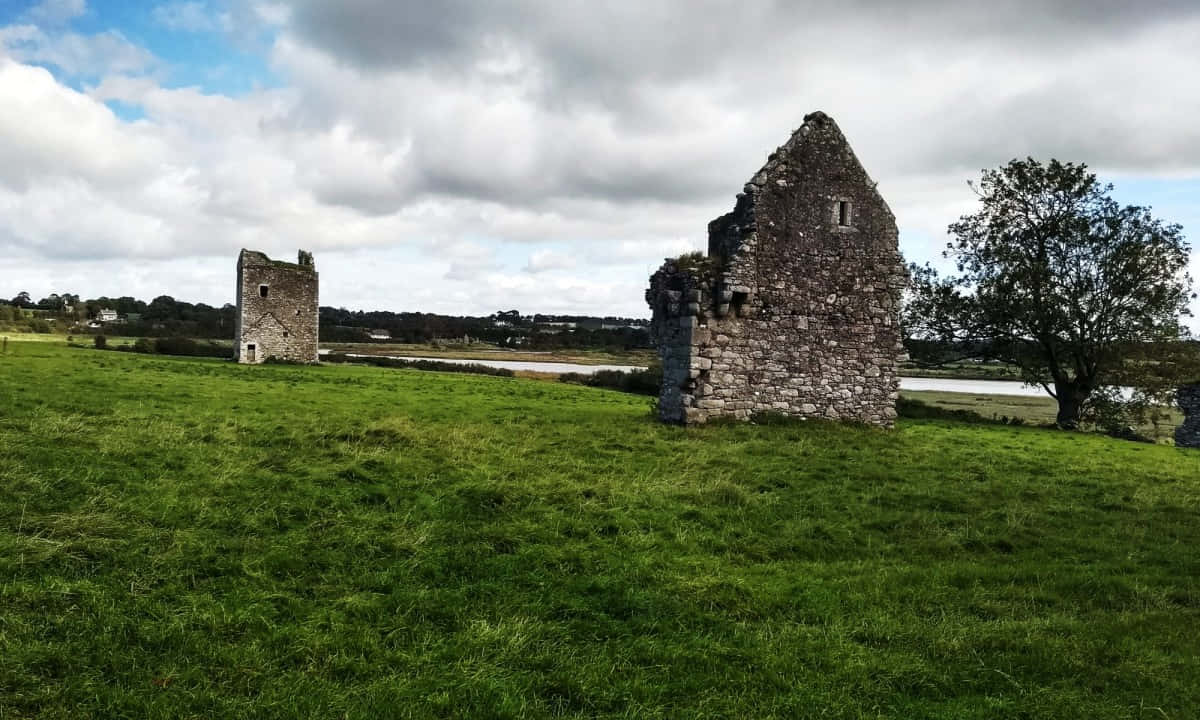 Ancient Ruins Green Field Wallpaper