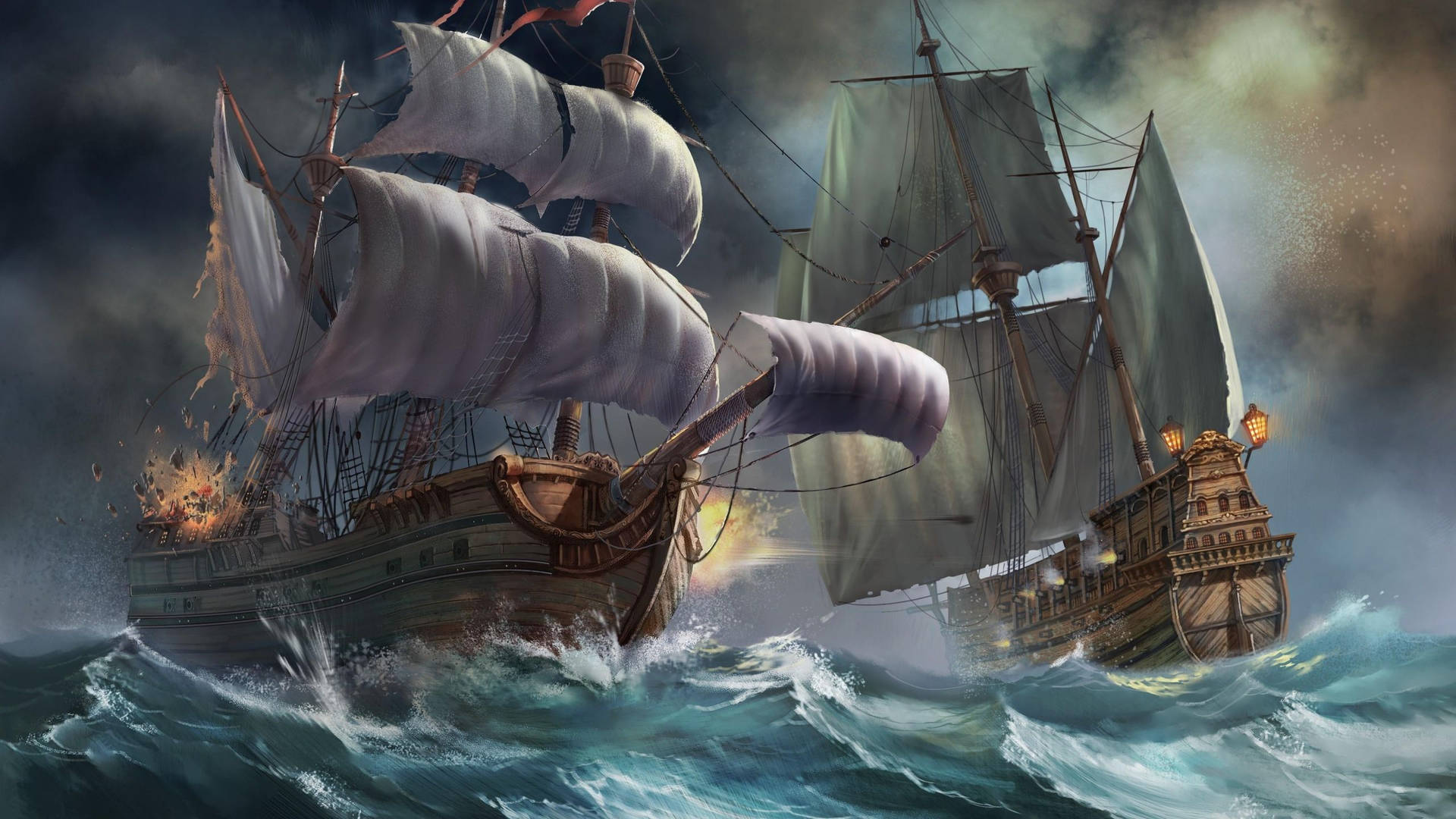 Ancient War Ship In Ocean