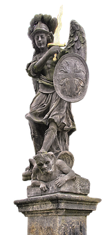 Ancient Warrior Statuewith Shieldand Flame PNG