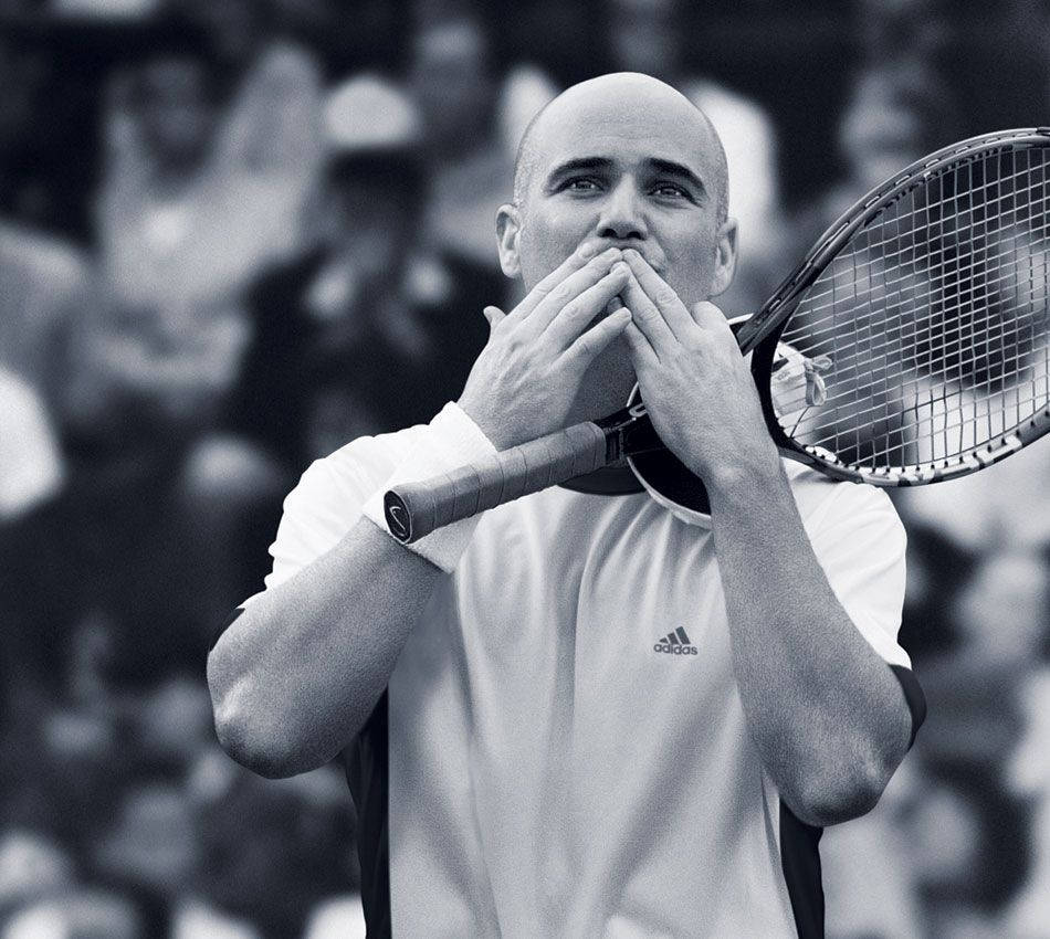 Download Caption: Andre Agassi, Tennis Legend in monochrome Wallpaper