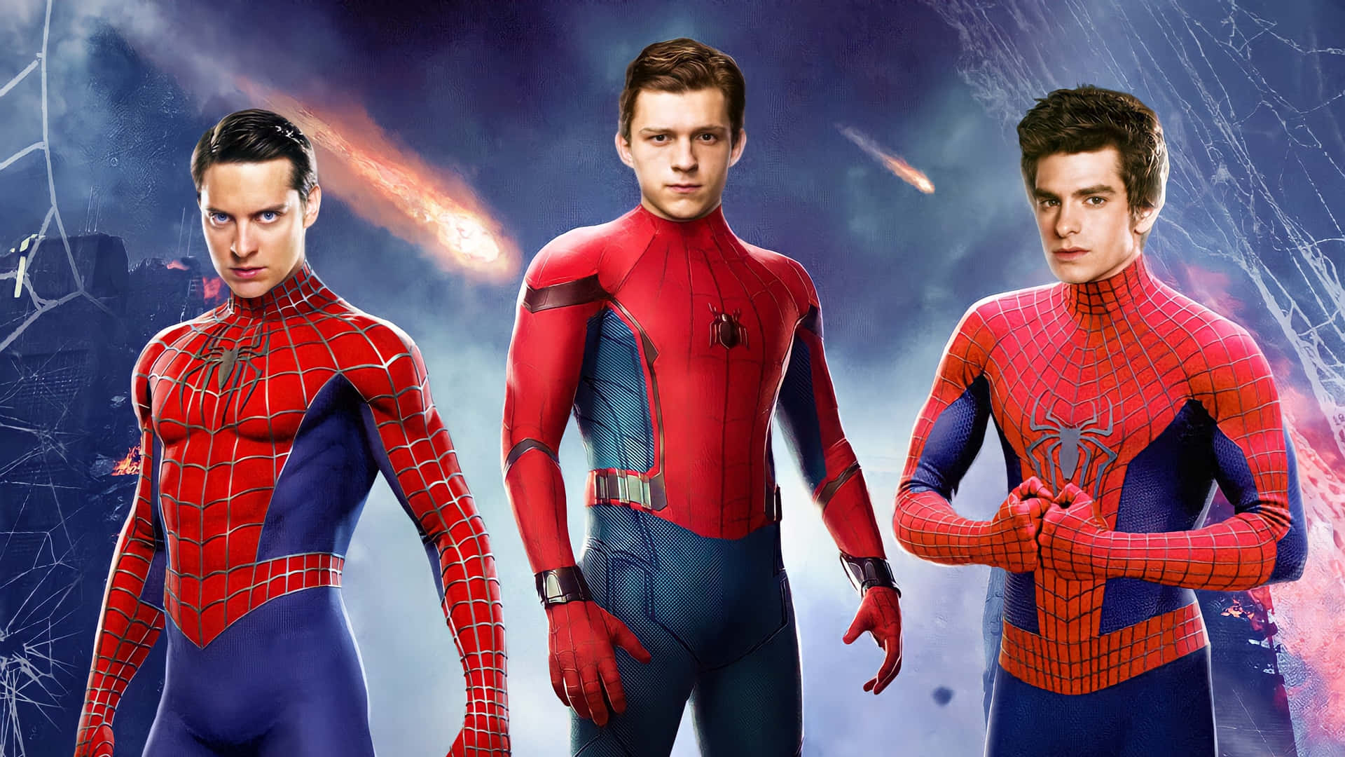 Tre Spider - Man karakterer der står foran en baggrund af blå himmel Wallpaper