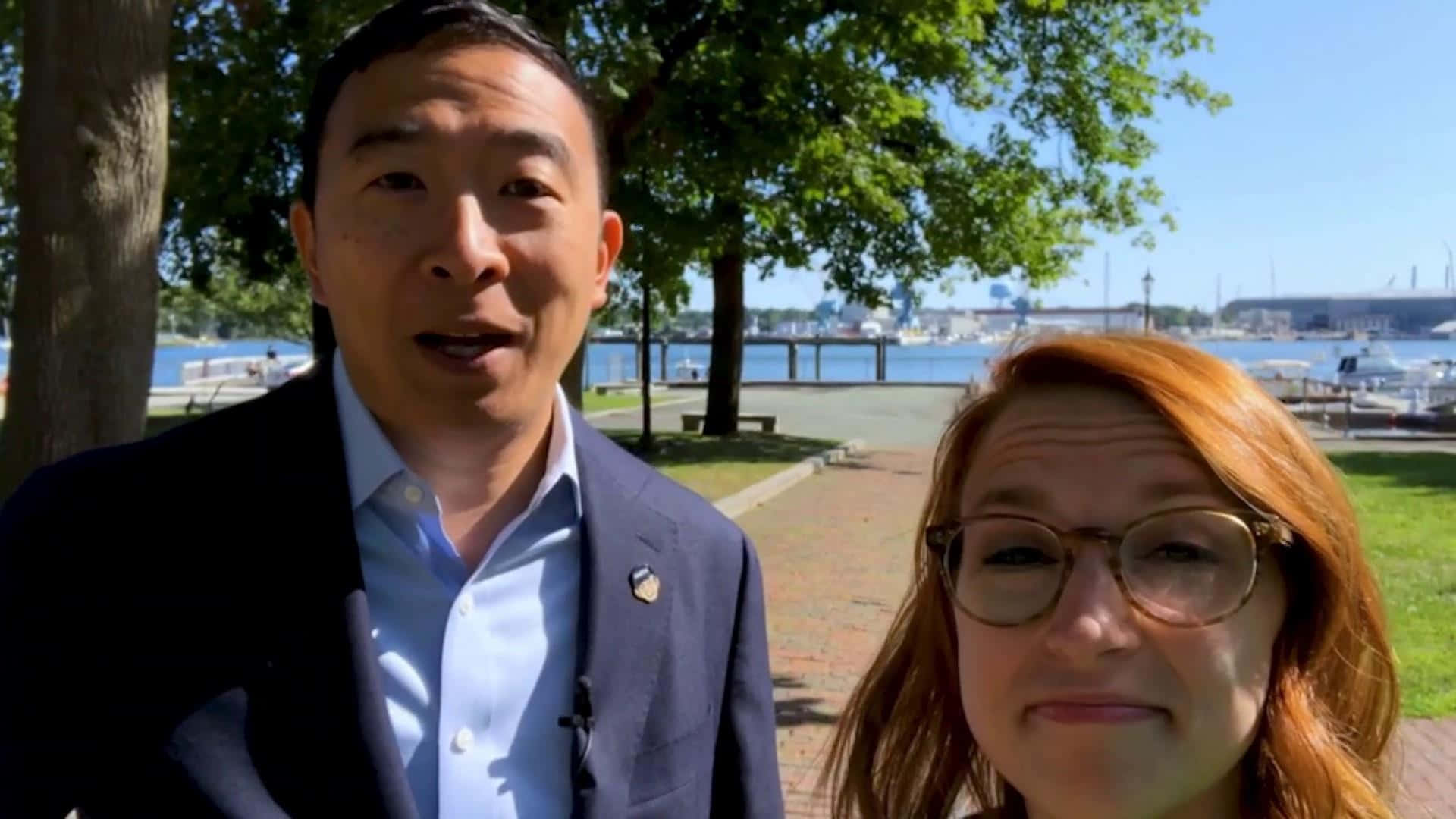 Andrew Yang With A Supporter Wallpaper