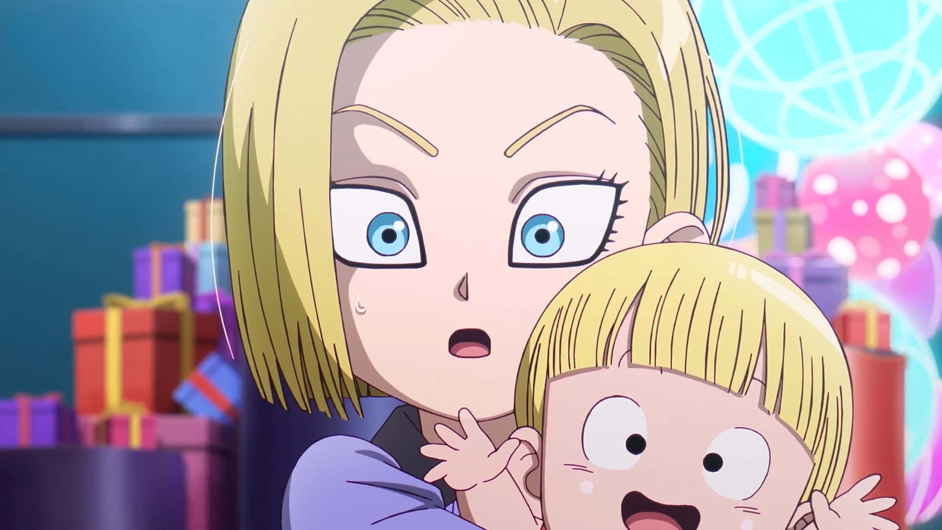 Android 18 Og Marron Overrasket Anime Scene Bakgrunnsbildet