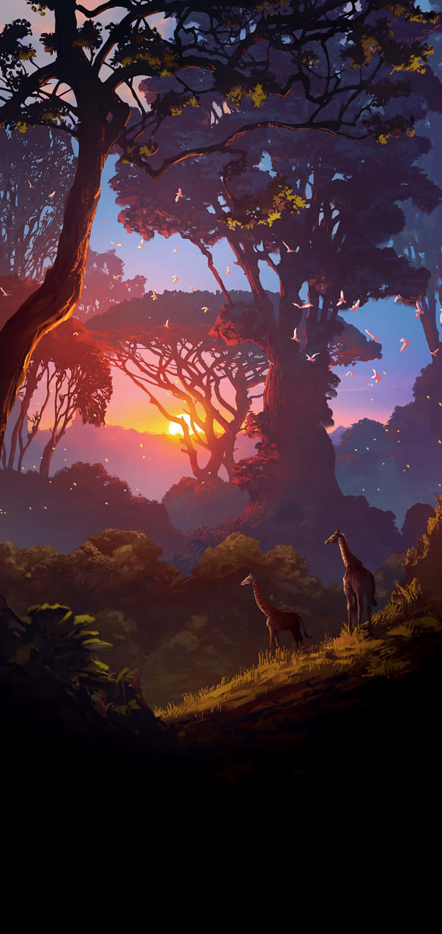 A beautiful African savannah with Android silhouettes lit up in the sky.
