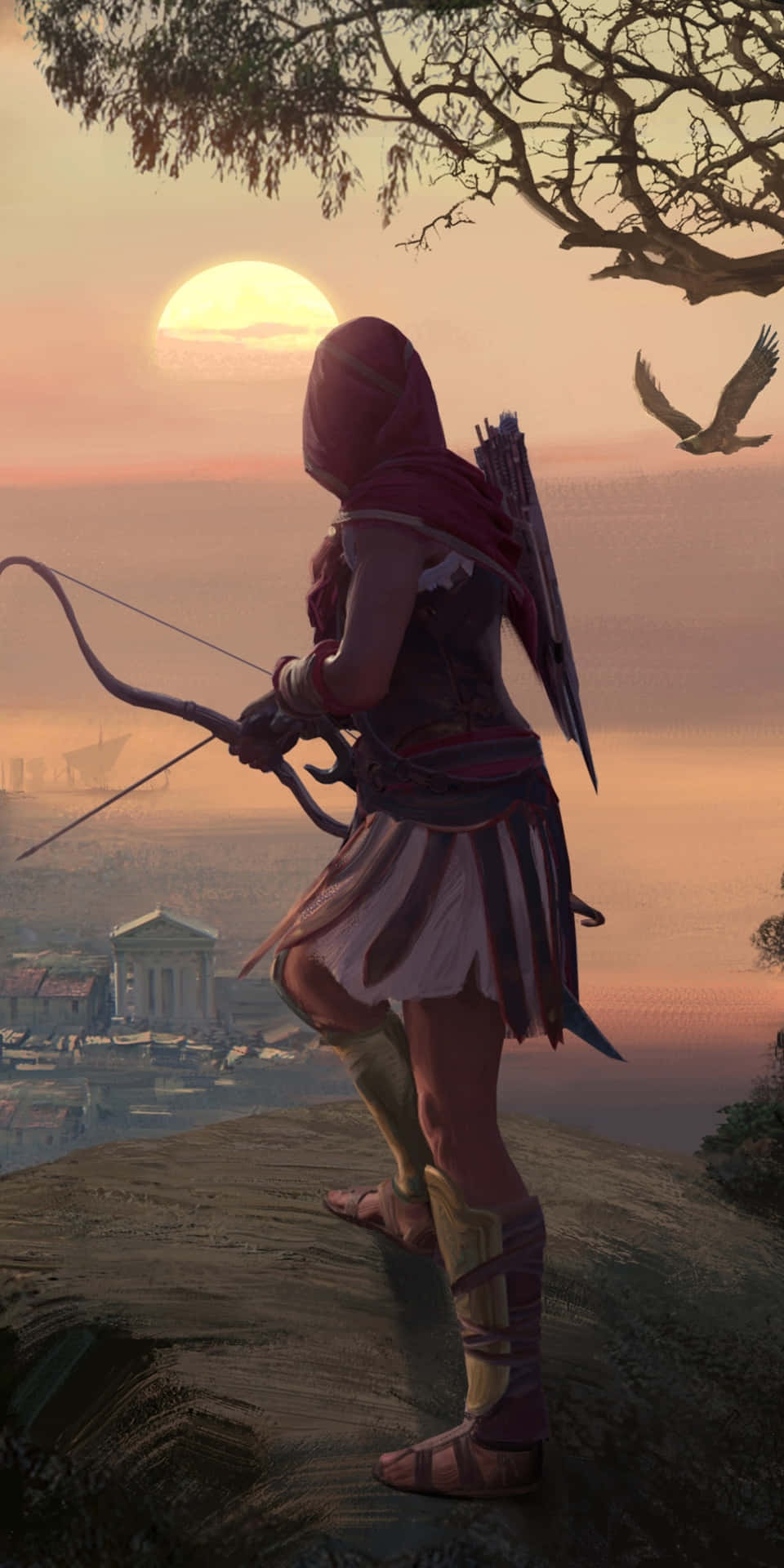 A Woman Is Standing On A Hill With A Bow And Arrow