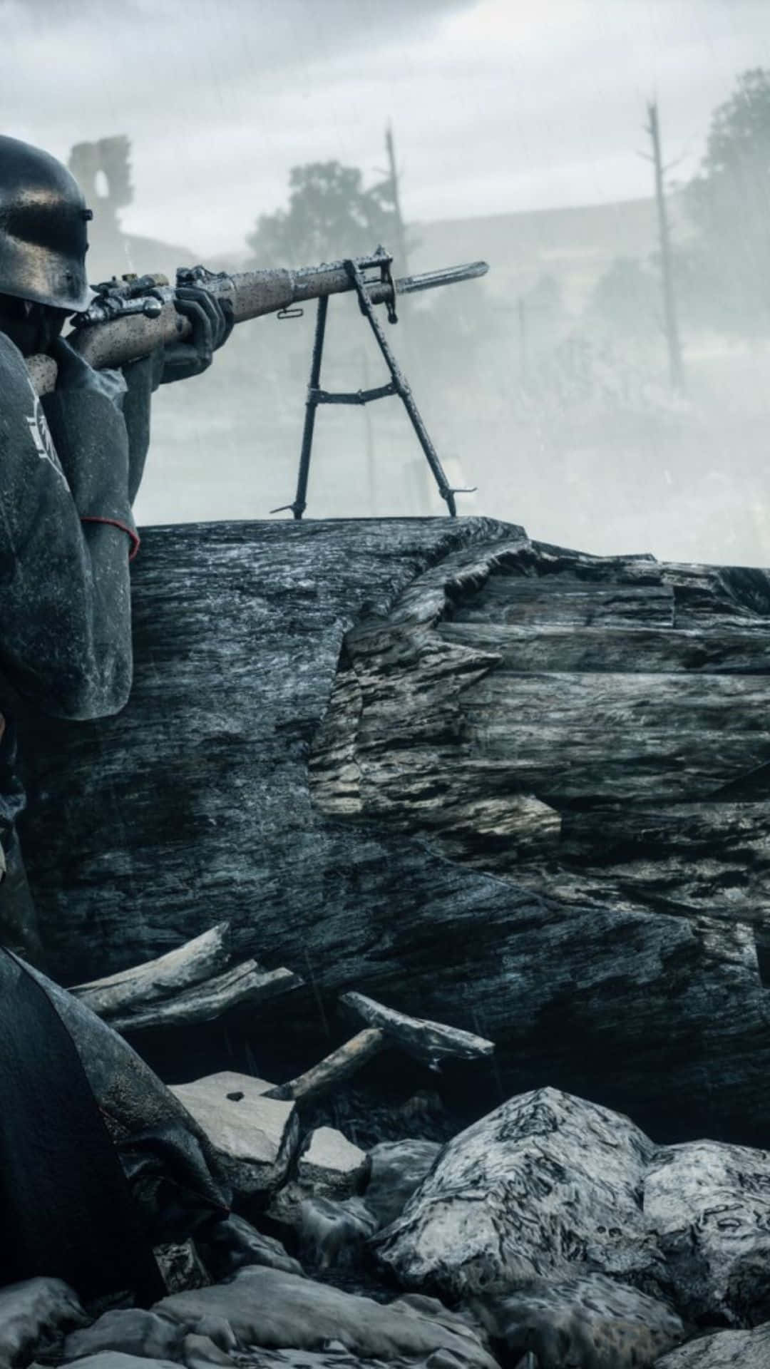 Androidhintergrundbild Von Battlefield 1 Soldat, Der Sich Auf Einem Holzstamm Befindet.