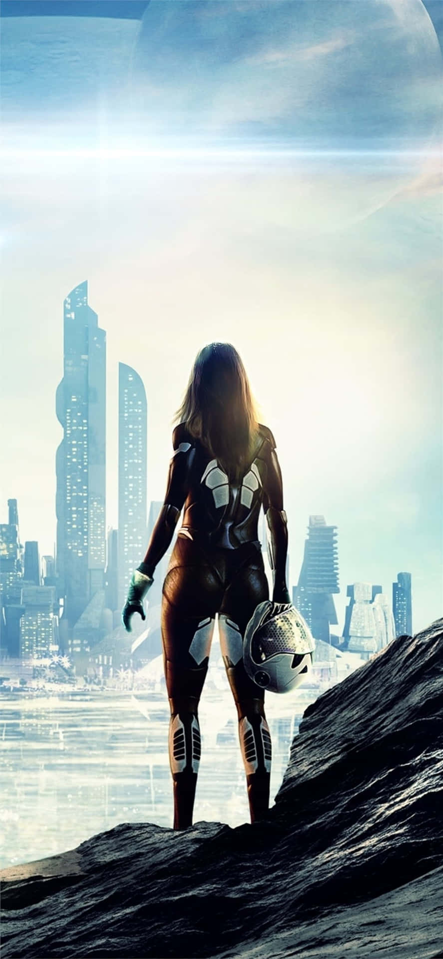 A Woman In Space Standing On A Rock With A City Behind Her
