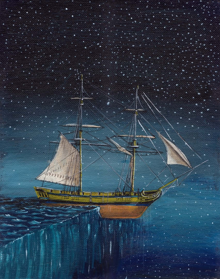 A Painting Of A Ship Floating In The Ocean