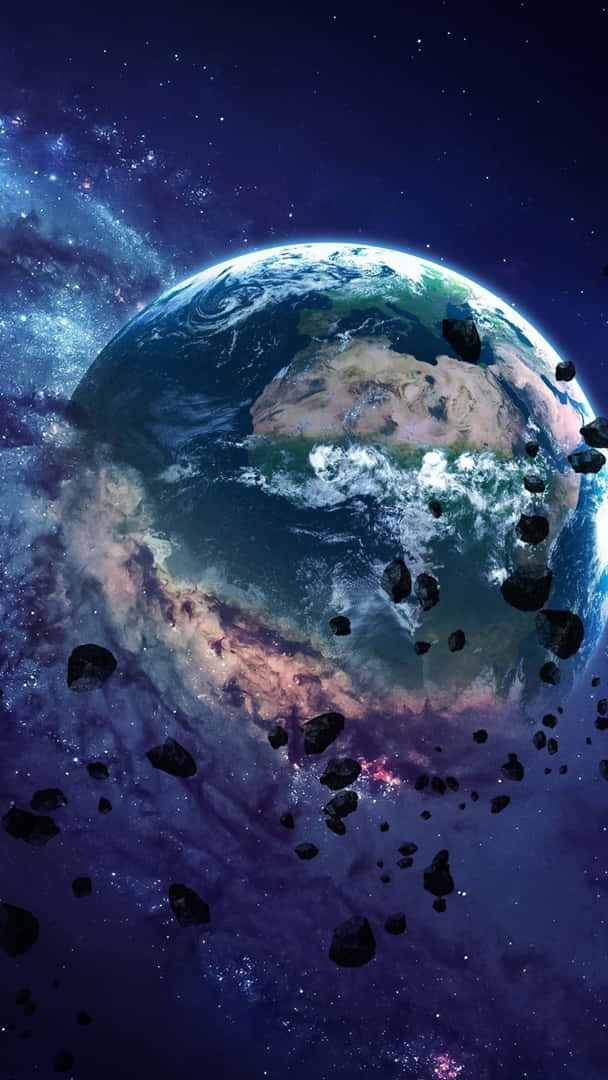 The Earth Is Shown In Space With Rocks And Space Debris