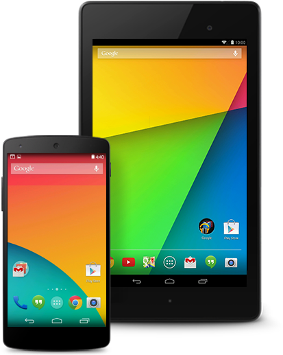 Android Devices Displaying Interface PNG — Two black Android devices smartphone and tablet display colorful geometric wallpaper with Google search bar and app icons.