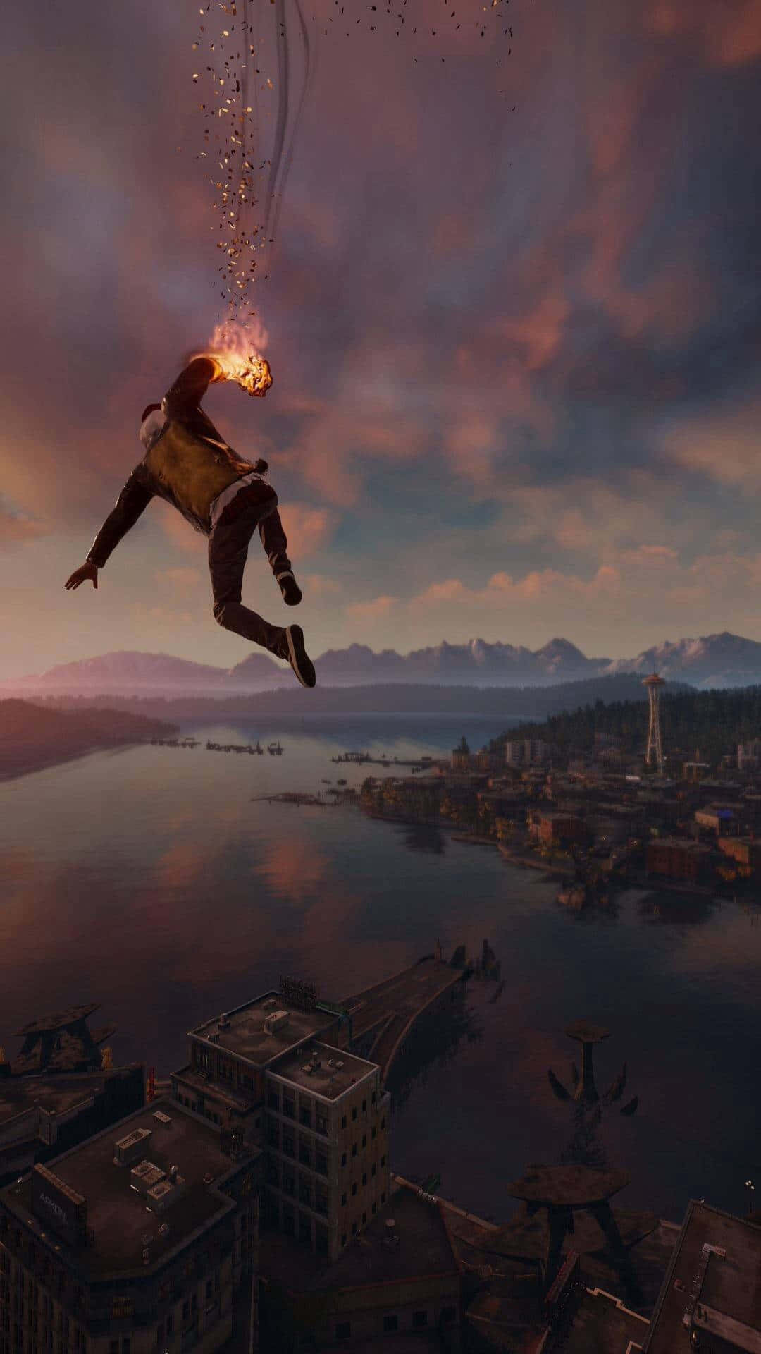 A Man Is Jumping Over A City With Fire