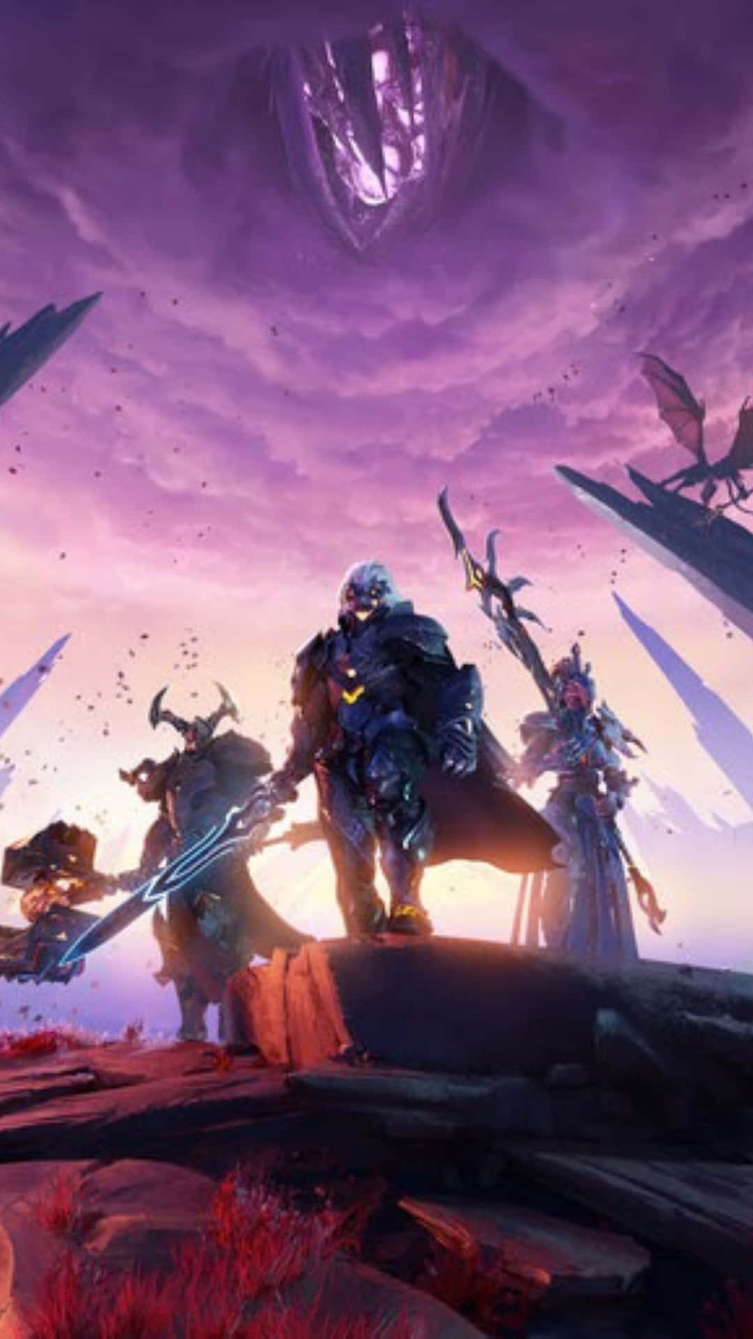 A Group Of Characters Standing In Front Of A Purple Sky