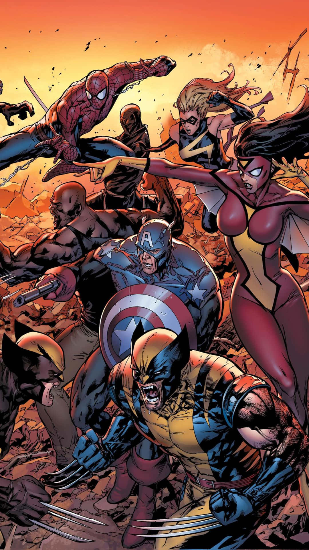 Sfondoper Computer O Telefono Android Dei Marvel Avengers, Con Il Poster Del Fumetto Sul Lato Destro E Gli Avengers Che Combattono Sullo Sfondo.