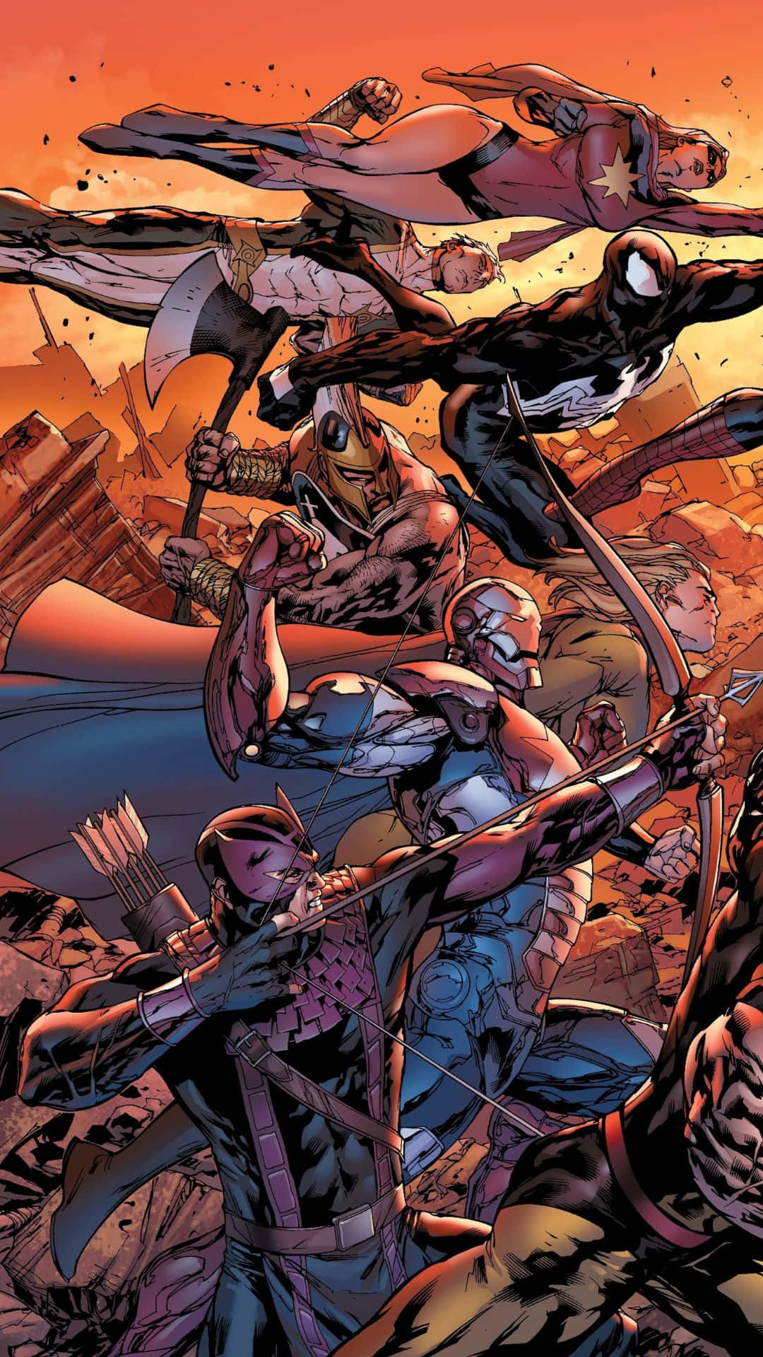 Android Marvel's Avengers Left Side Comic Book Poster Avengers Fighting Background