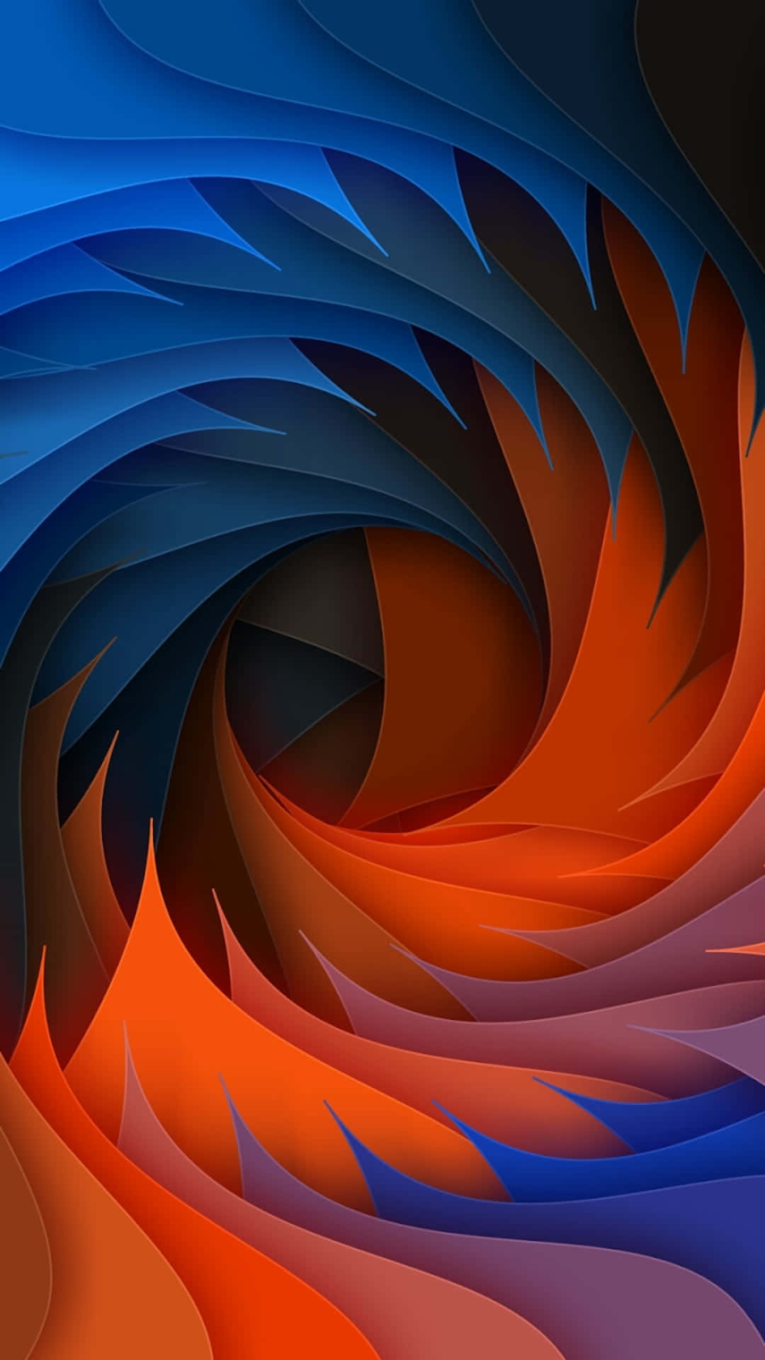 Et swirlende abstrakt design med blå, orange og sorte farver