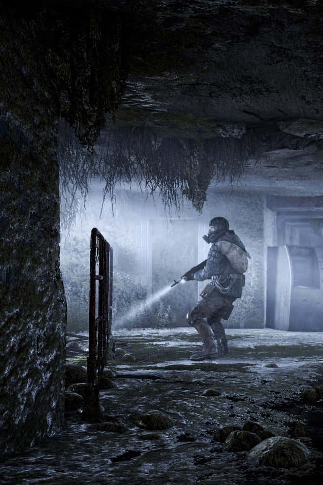 A Man Is Standing In A Dark Cave