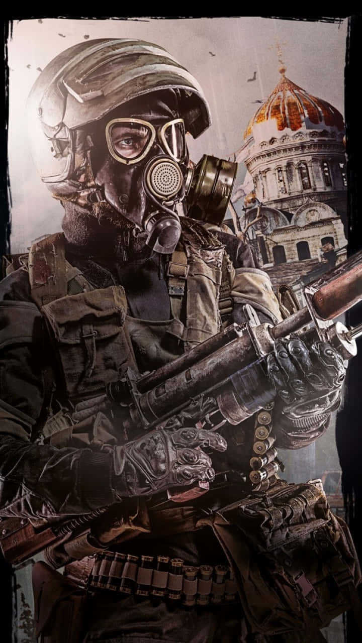 A Soldier In A Gas Mask Holding A Gun