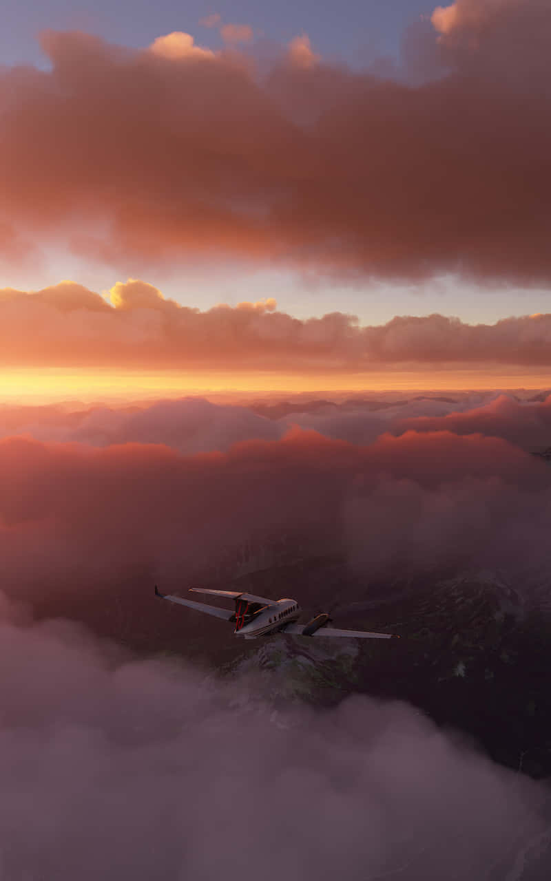 Etflyvende Fly Over Skyerne Ved Solnedgang.