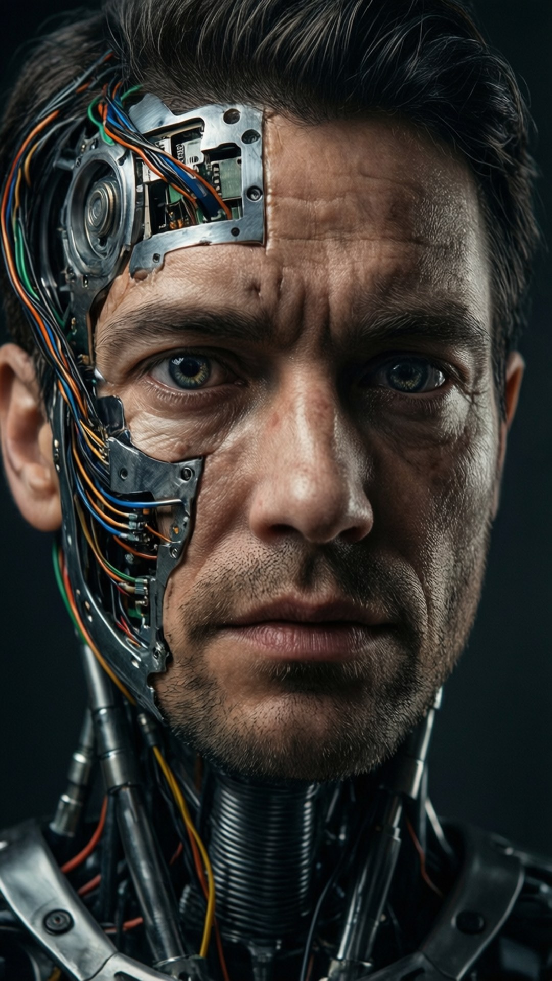 Close-up seorang pria cyborg dengan setengah wajahnya terbuka sebagai mesin.