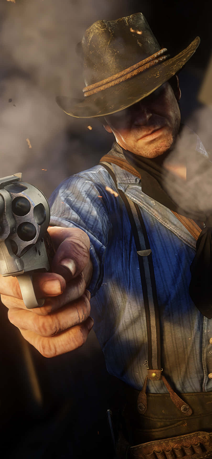 a man in a cowboy hat is holding a gun