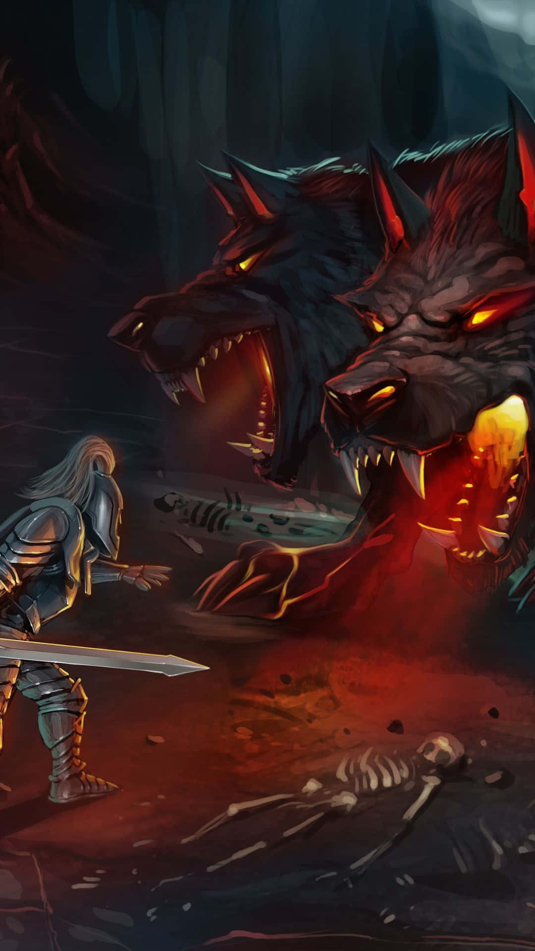 A Man Is Fighting A Wolf In A Dark Cave