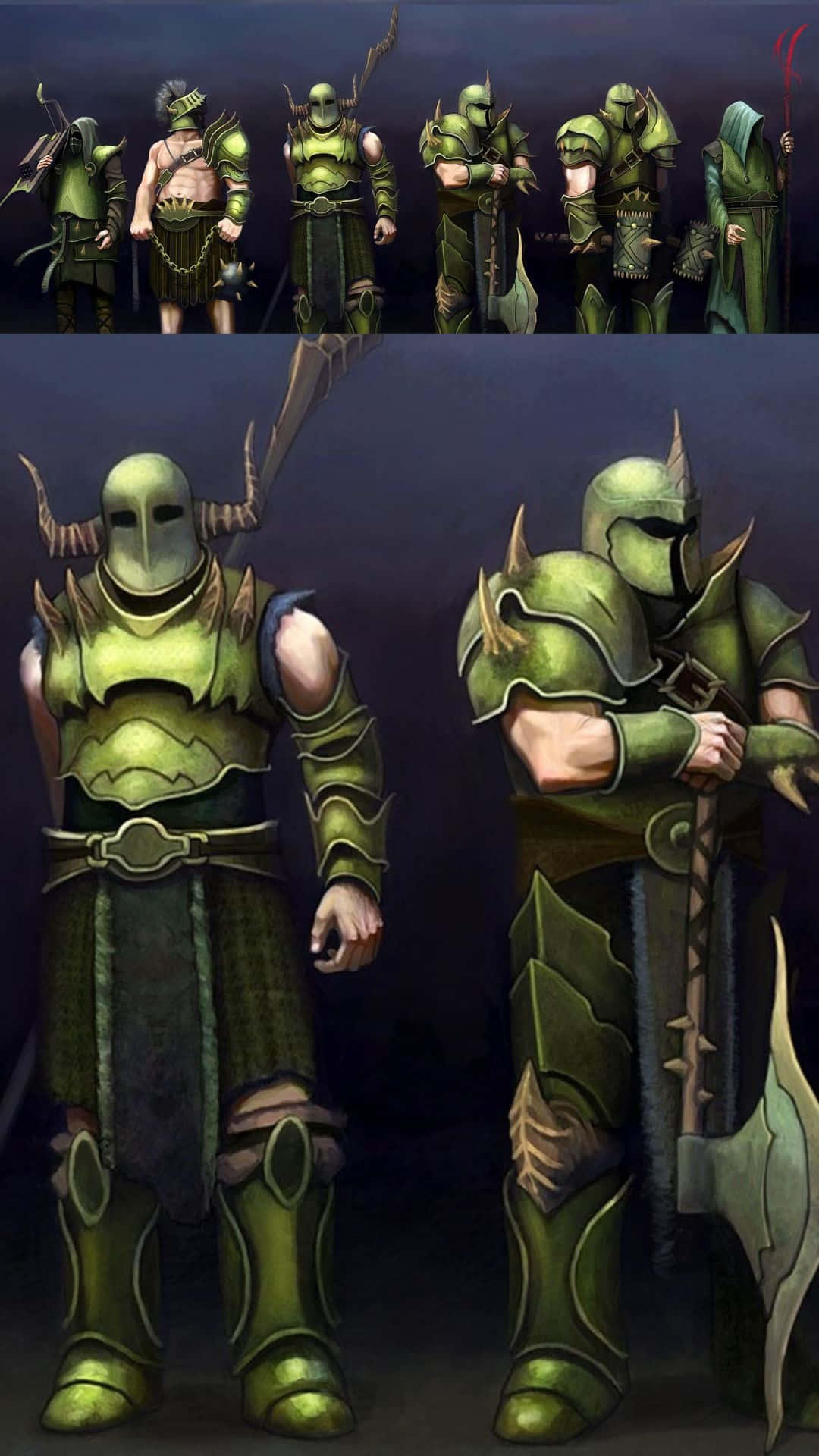 A Group Of Green Knights With Weapons