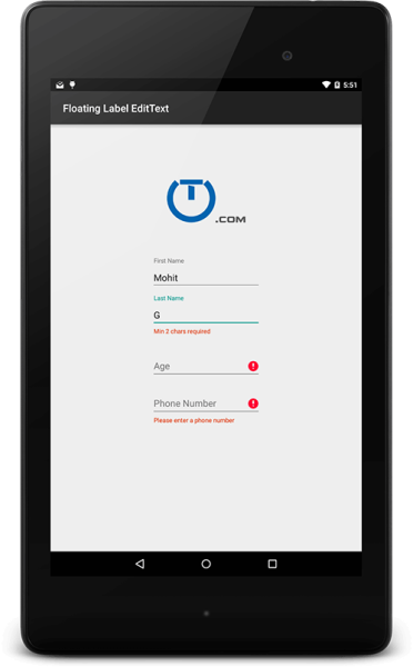 Android Tablet Form Validation Screen PNG