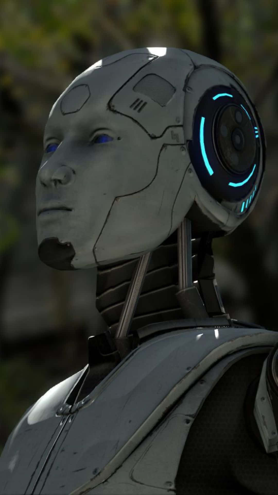 A Robot With Blue Eyes And A Blue Ring Around His Head