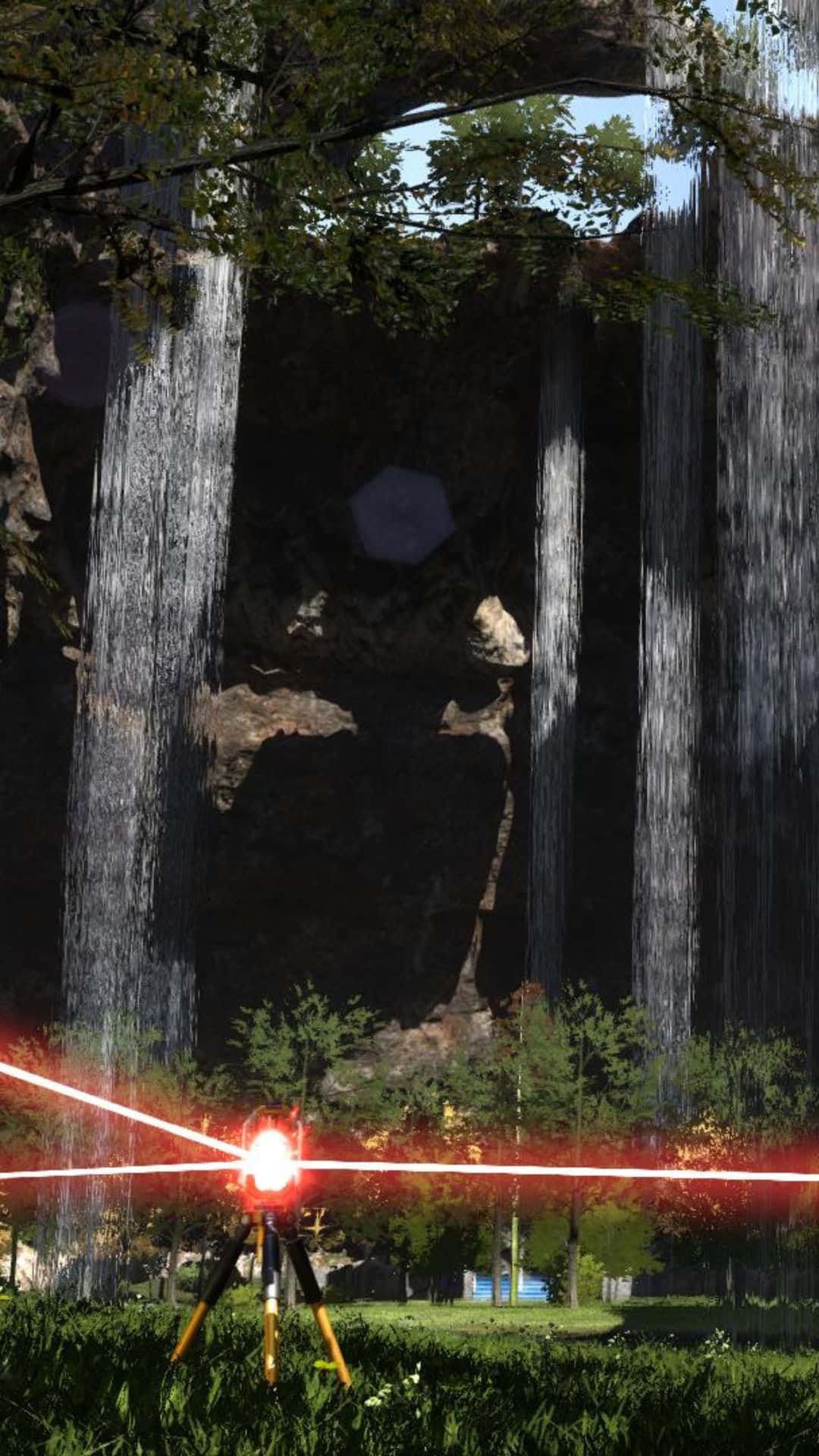 A Video Game With A Laser In Front Of A Waterfall