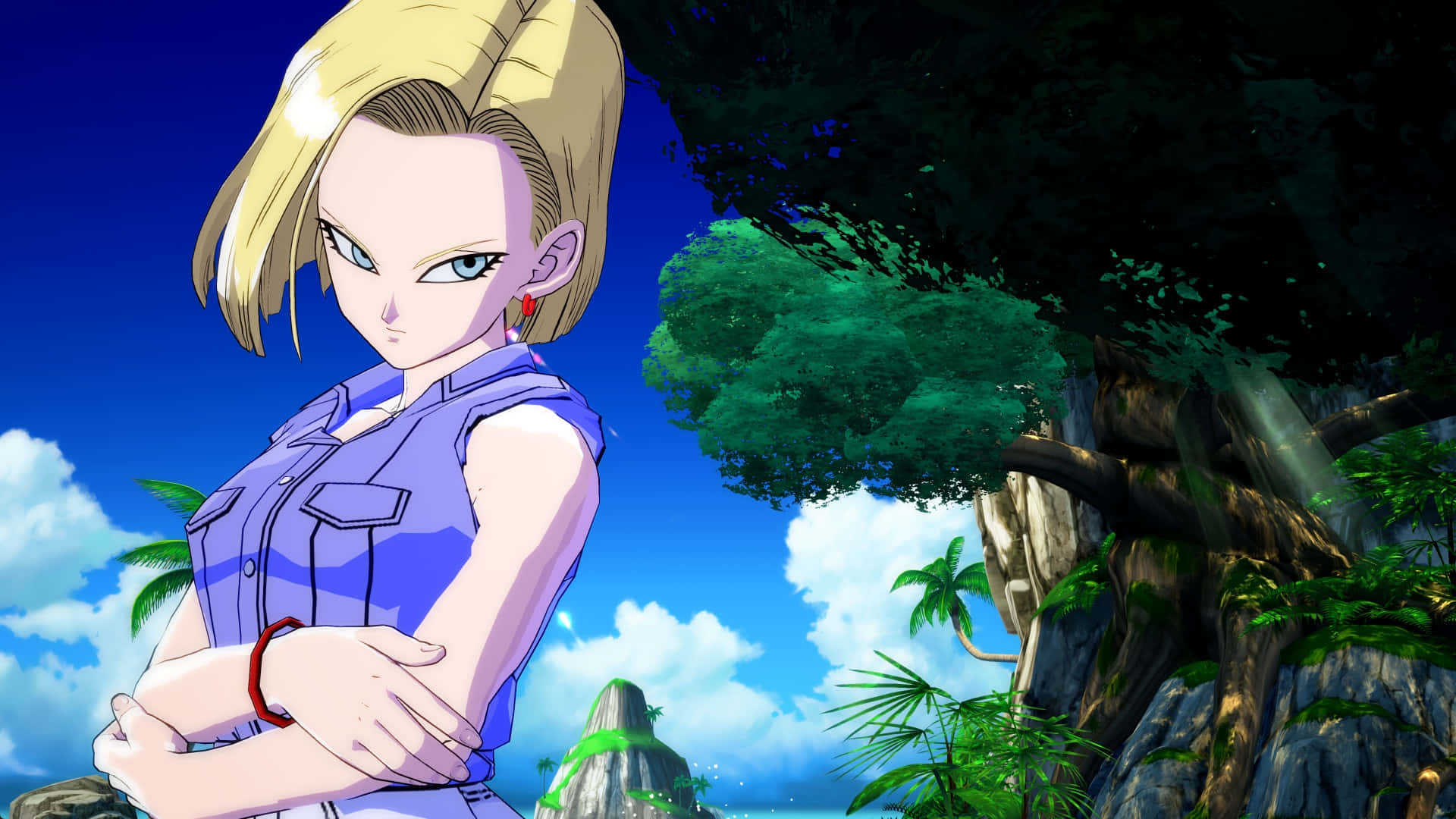 Android18 Kracht Houding Tropische Achtergrond Achtergrond