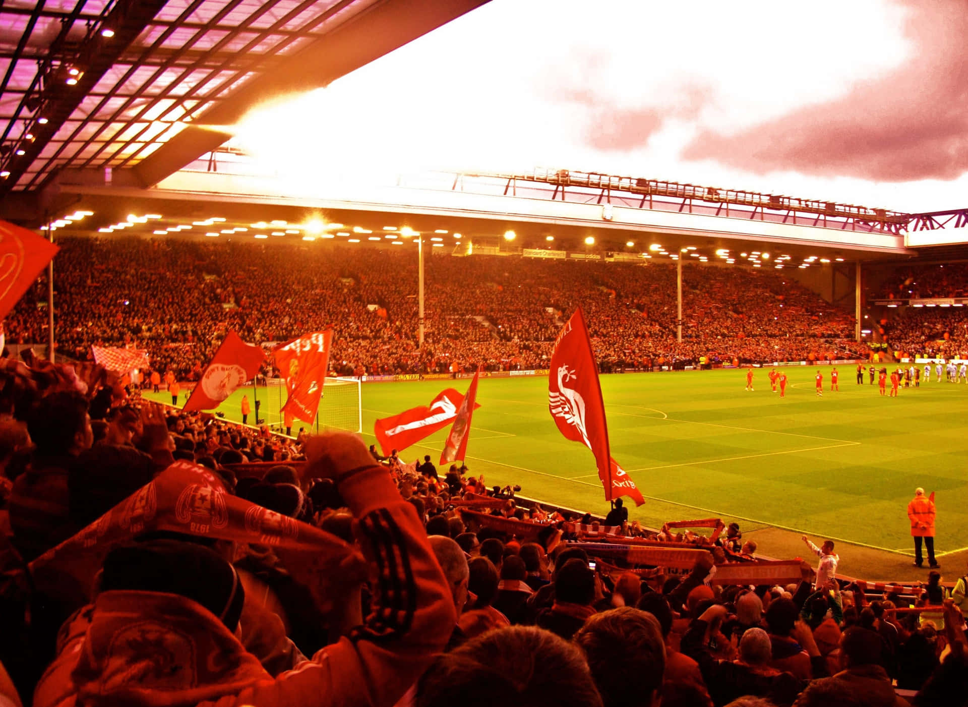 Anfield Stadium Liverpool Matchday Atmosphere Wallpaper