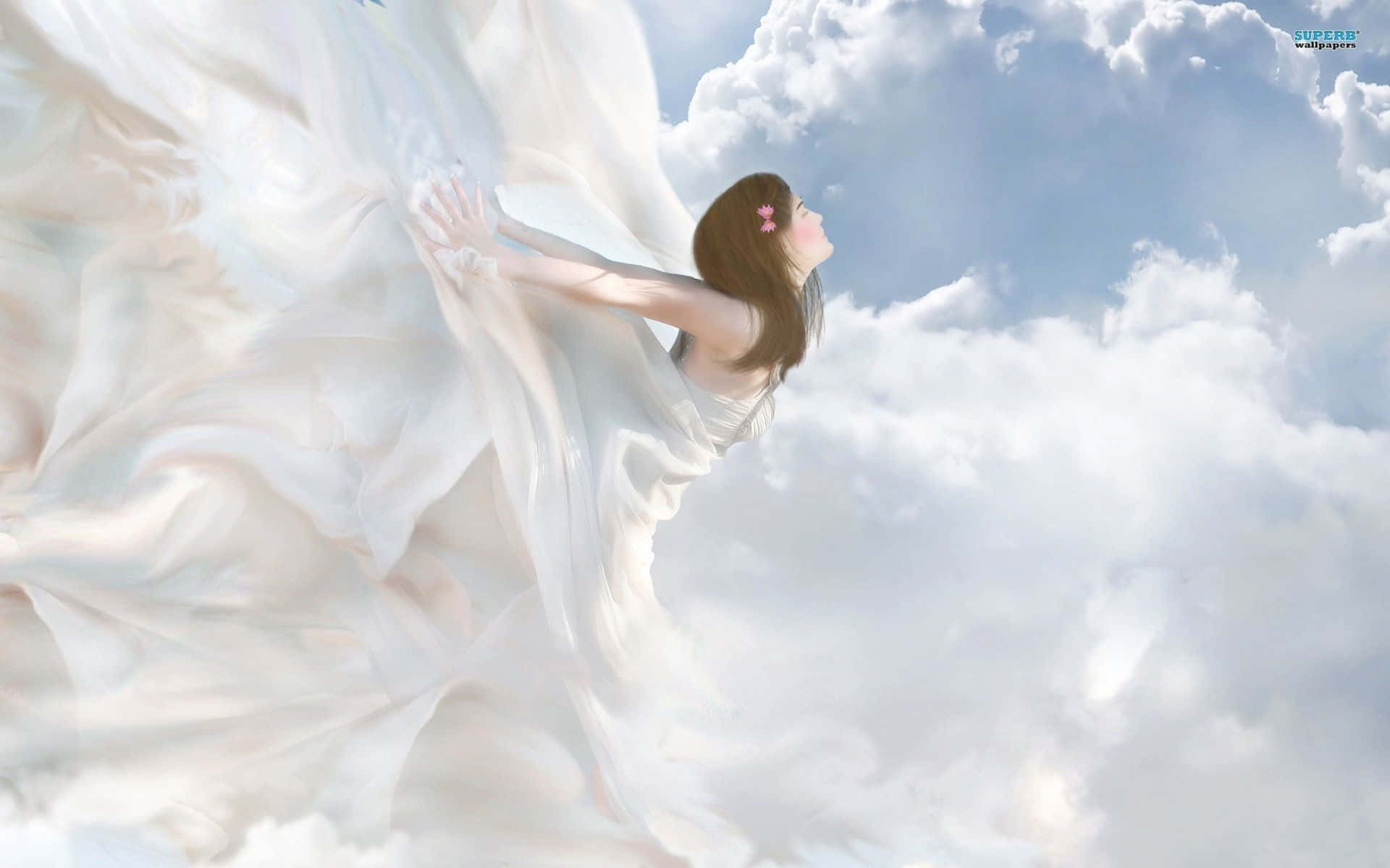 En guddommelig engel ser over en drømmende himmel af skyer. Wallpaper