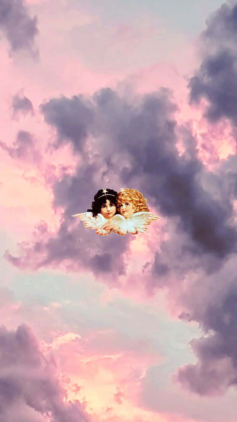 An angel hovering among peaceful clouds in an ethereal landscape Wallpaper