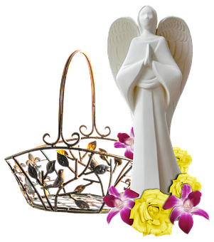 Angel Figurineand Decorative Basket PNG