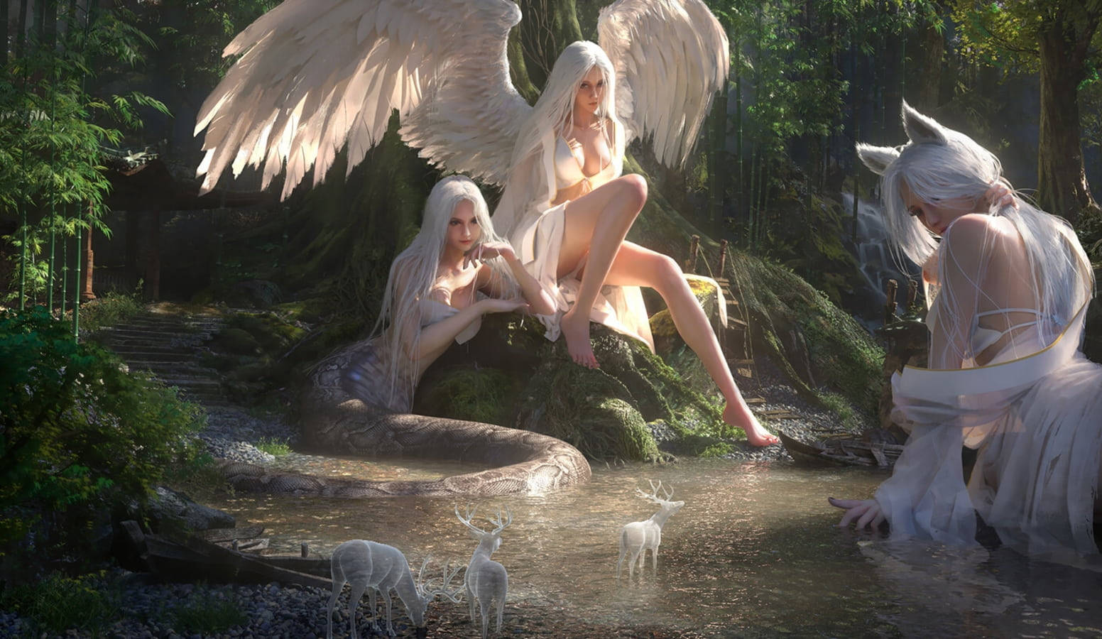 Angel Girl With Mermaid And Fox Girl Picture