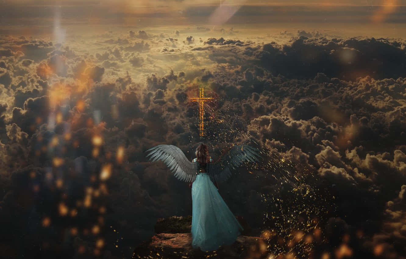 Blue Angel Heaven Background With Cross Background