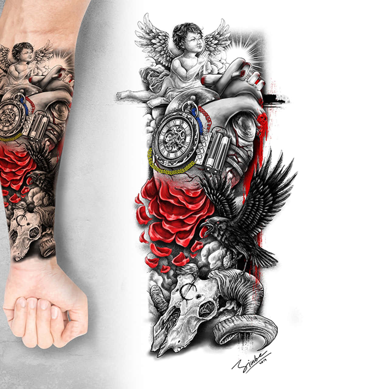 Angel_ Timepiece_ Fantasy_ Tattoo_ Art Wallpaper