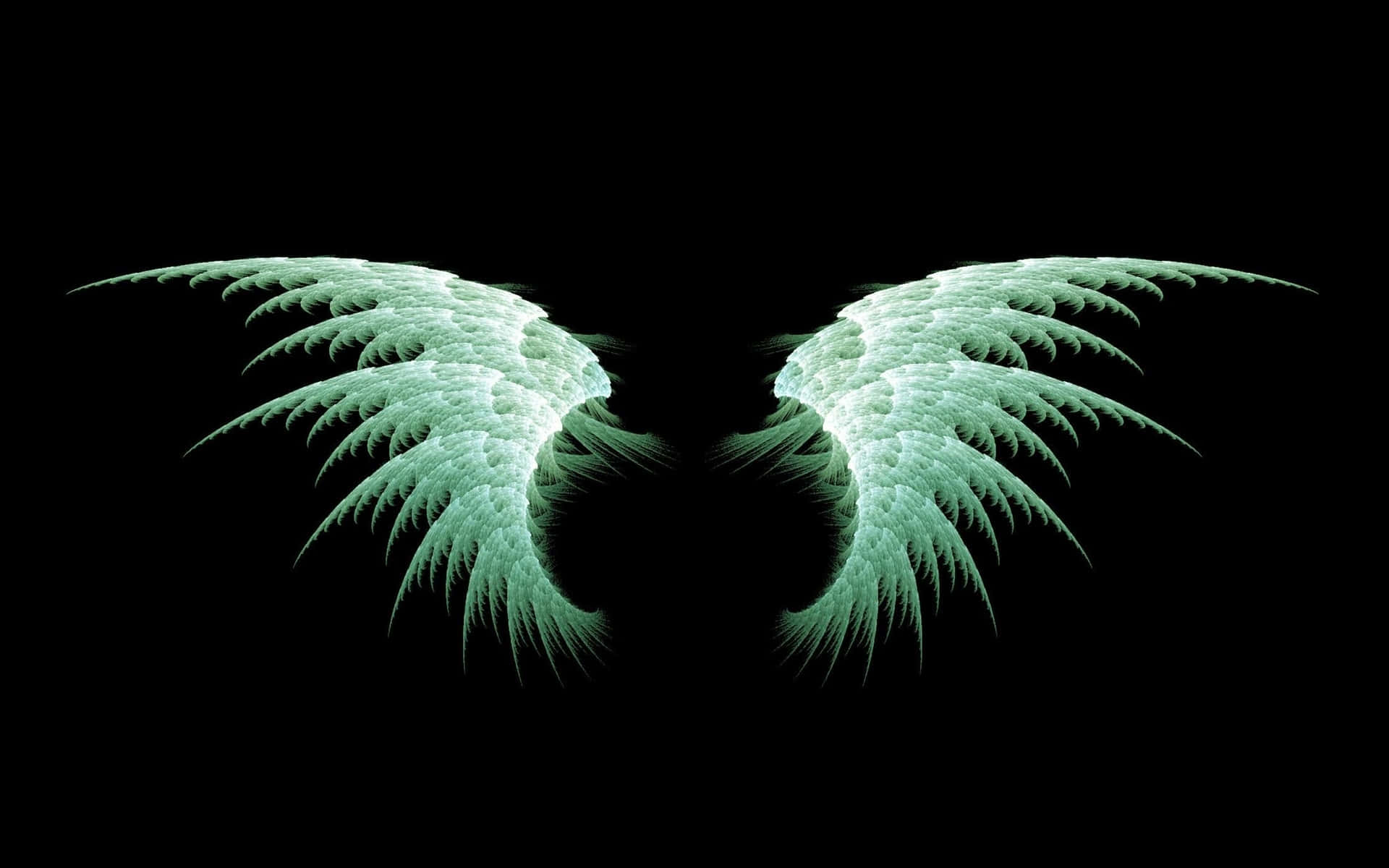 two green angel wings on a black background