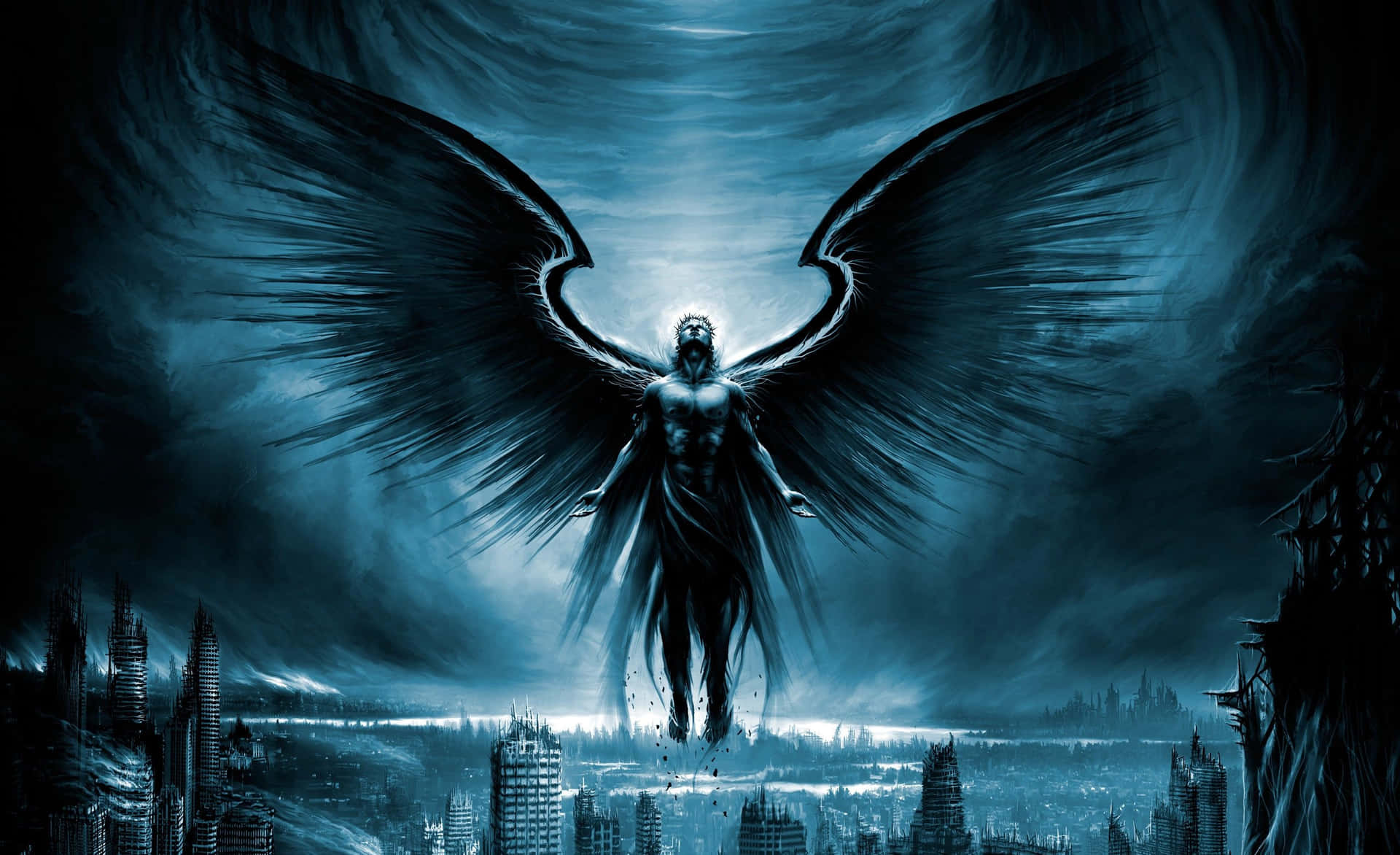 En sort engel med vinger, der flyver over et byskyl.