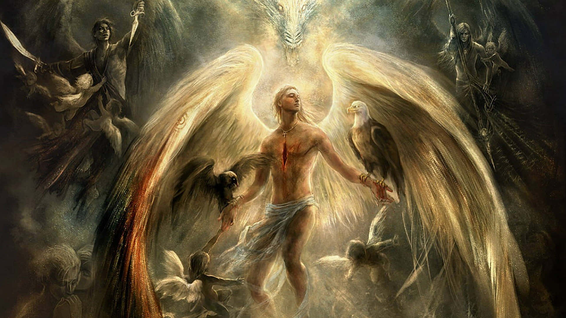 Serene Angelic Figure in Heavenly Rays Wallpaper