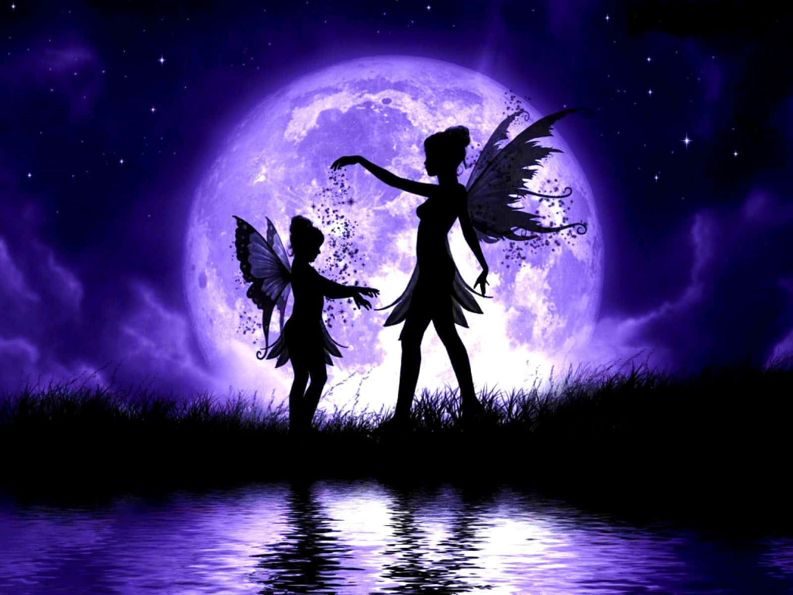 two fairy silhouettes standing in front of a full moon
