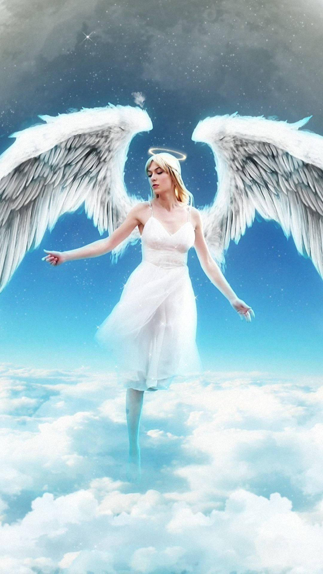 Angels In Heaven Flying Above Clouds White Dress Wallpaper