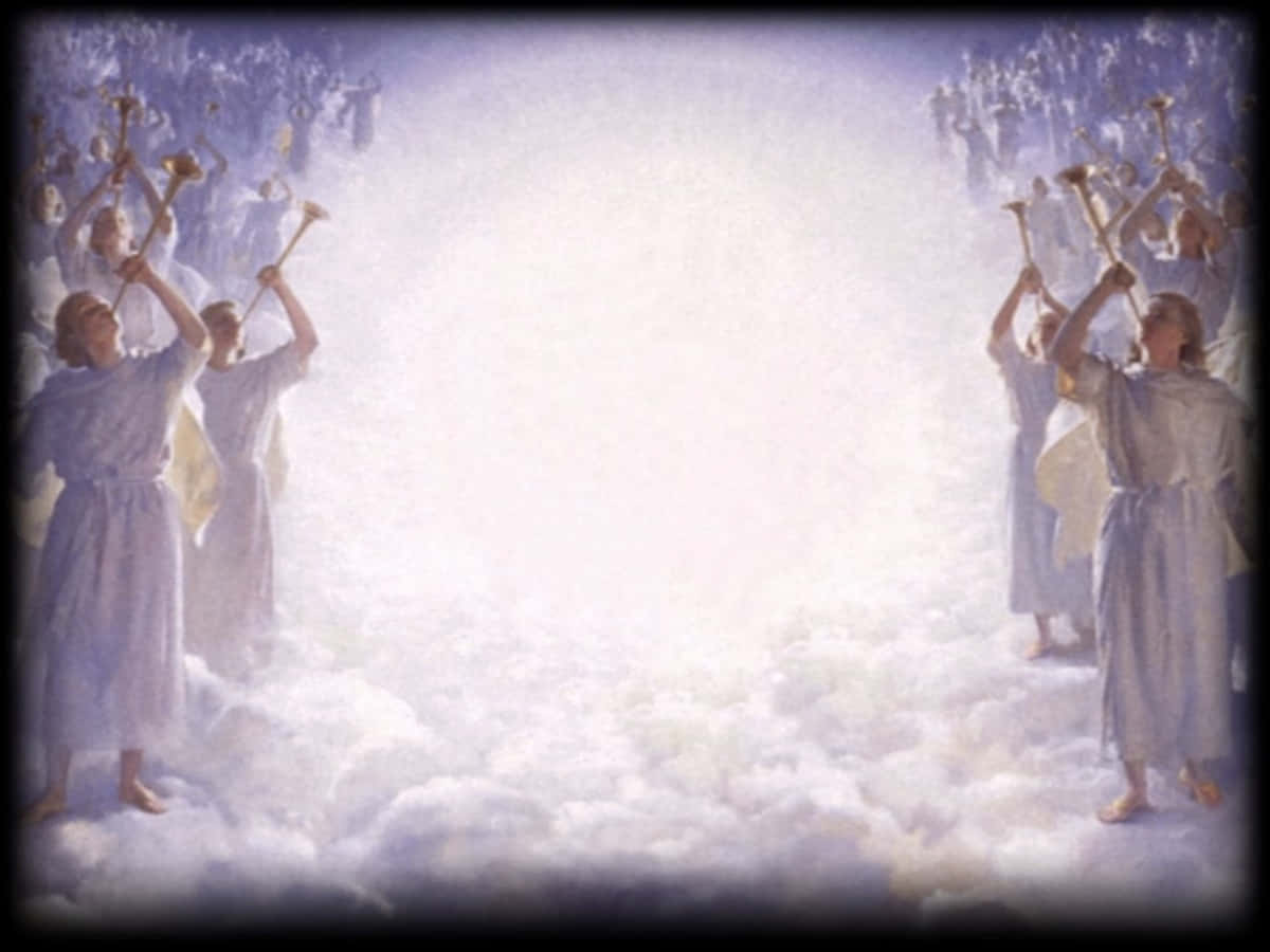 A Group Of People In White Robes Are Standing In The Clouds